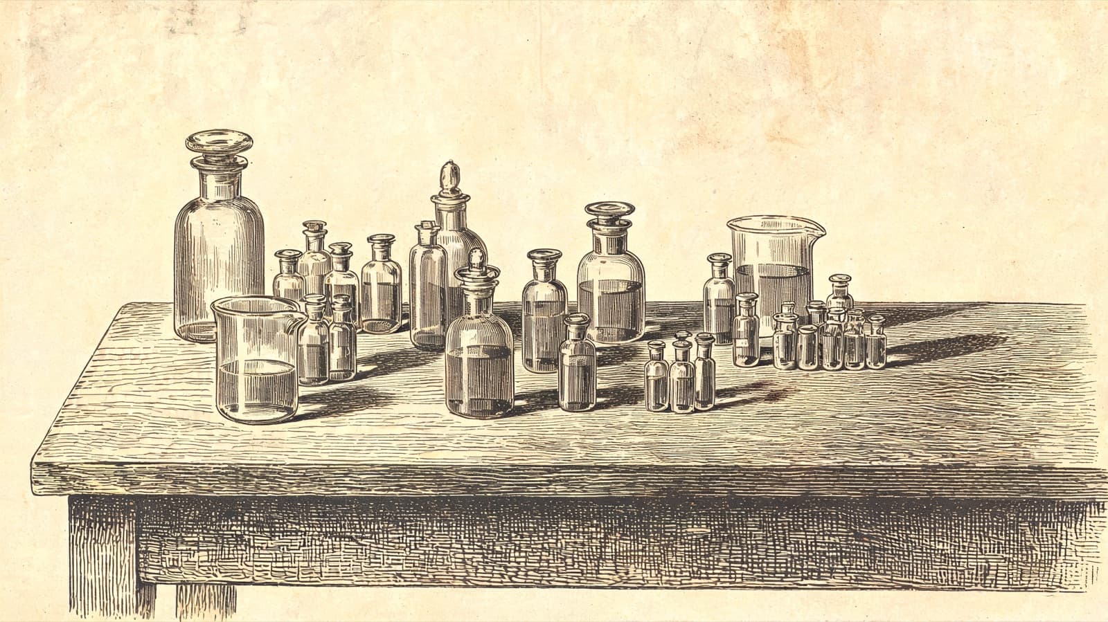 A 19th-century scientific engraving depicting an arrangement of apothecary glass vials, beakers, and stoppered bottles on a wooden laboratory bench