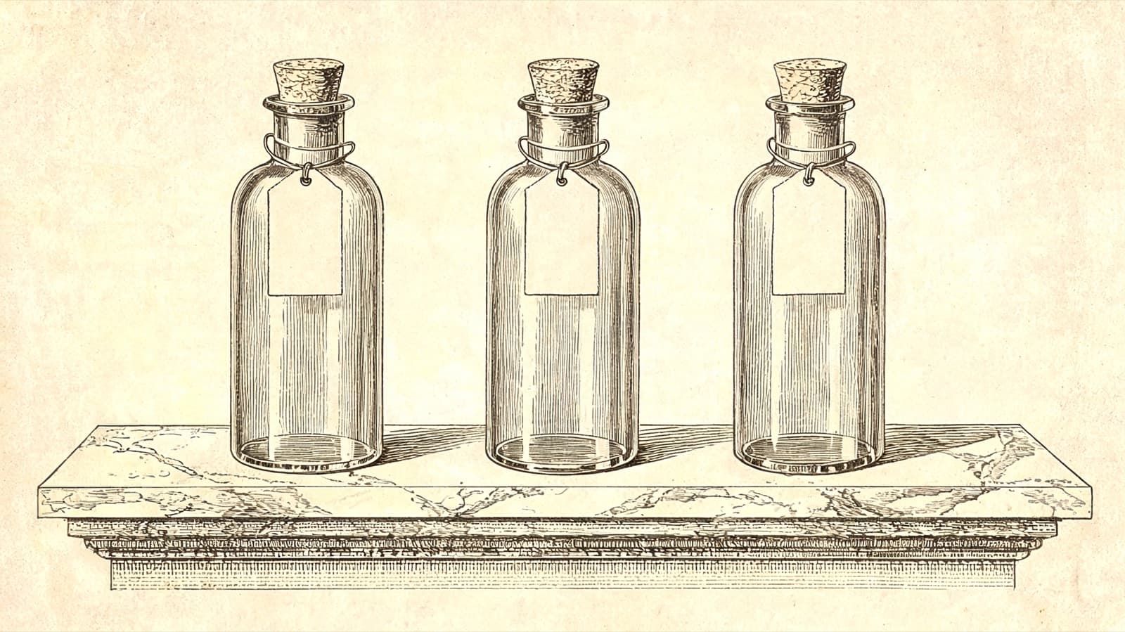 Three identical apothecary bottles in a row on a marble shelf, period scientific engraving