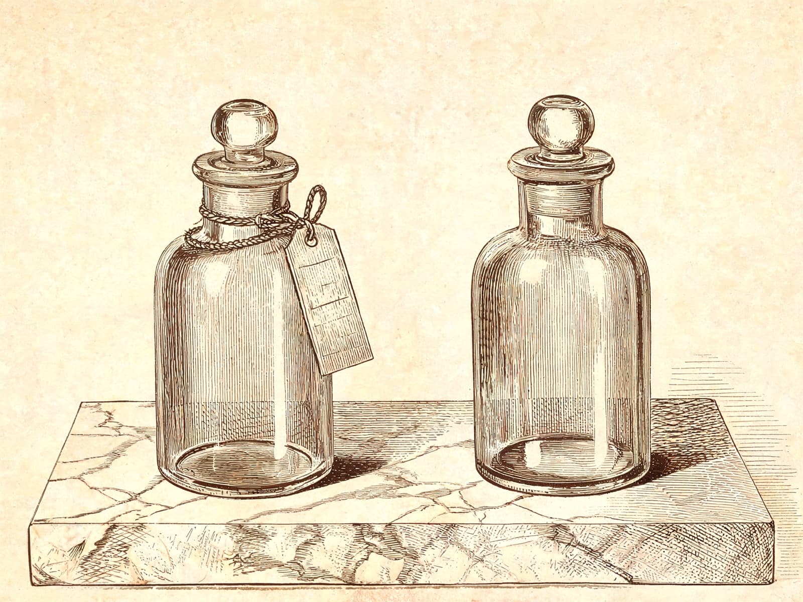 Two preparations, one decision tree. Period engraving of paired apothecary vessels.